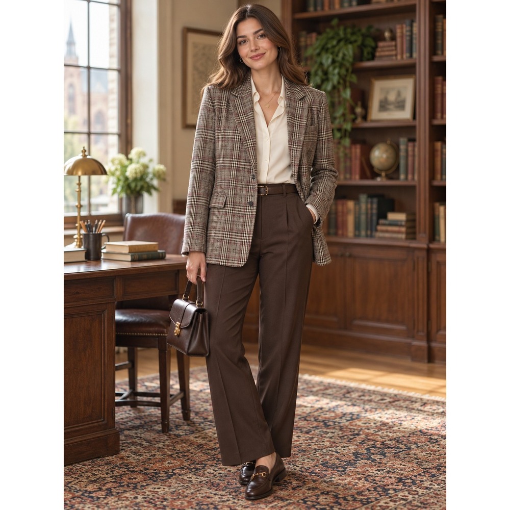 Lulus Plaid Blazer Womens Large Brown Tan Check Dark Academia Professional New